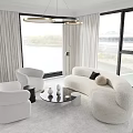 Modern White Plush Sofa and Coffee Table Set With Floor to Ceiling Windows Curtains and Round Rug
