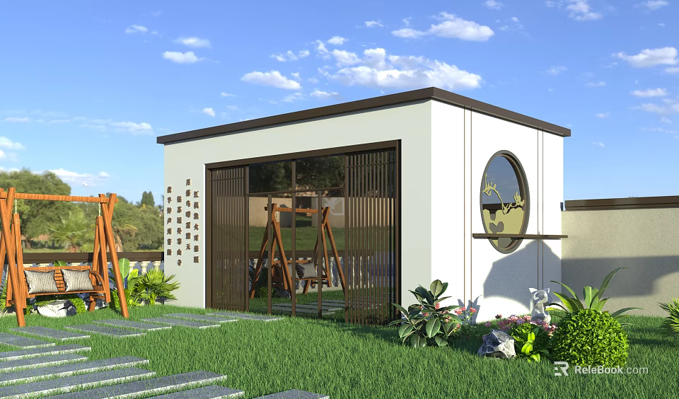Rural Self Built House Modern Exterior Design With Courtyard Greenery Circular Window And Stone Path 3d model 