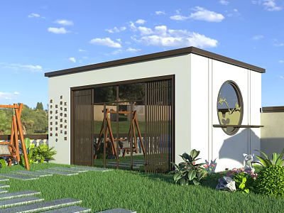 Rural Self Built House Modern Exterior Design With Courtyard Greenery Circular Window And Stone Path 3d model
