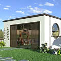 Rural Self Built House Modern Exterior Design With Courtyard Greenery Circular Window And Stone Path