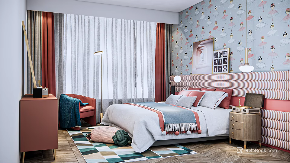Kids Room Interior With Blue Wallpaper Cloud Girl Patterns Striped Headboard Bed And Geometric Rug 3d model 