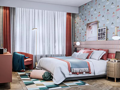 Kids Room Interior With Blue Wallpaper Cloud Girl Patterns Striped Headboard Bed And Geometric Rug 3d model