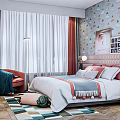 Kids Room Interior With Blue Wallpaper Cloud Girl Patterns Striped Headboard Bed And Geometric Rug