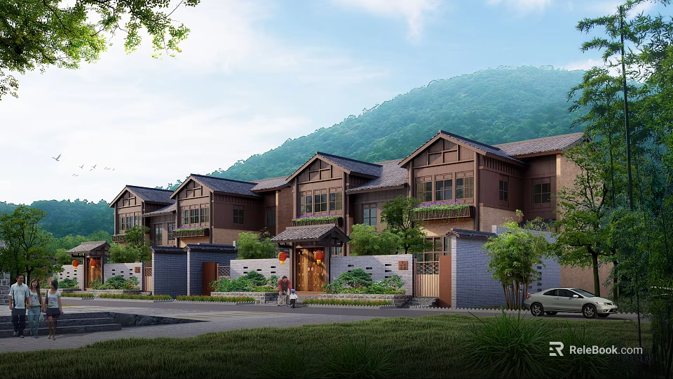 Traditional Townhouse Exterior With Wooden Accents Mountain View And Green Trees 3d model 