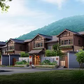 Traditional Townhouse Exterior With Wooden Accents Mountain View And Green Trees