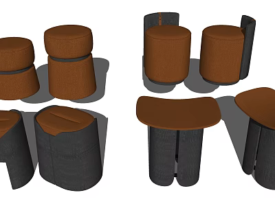 Modern Stylish Sofa Stools With Brown Black Upholstery And Round Seats 3d model