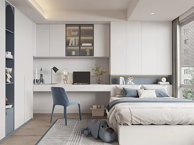Cozy Tatami Bedroom Interior With Writing Desk Blue Chair Built-in Bookshelf And Gray Pillows 3d model