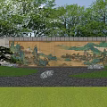Traditional Chinese Garden Wall with Landscape Painting Design Surrounded by Trees Grass and Rocks