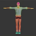 3D Male Character Model With Blue Shirt Dark Pants And Arms Outstretched Standing Pose