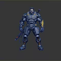 Futuristic Game Movie Character In Blue Orange Metallic Armor Holding Weapon Standing Pose