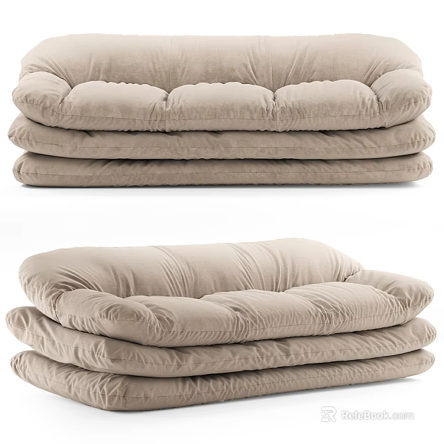 Cozy Soft Beige Three-Seater Sofa with Plush Layered Cushions and Velvet Fabric 3d model 