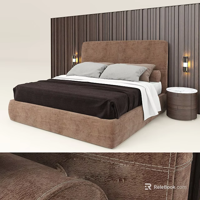 Double Bed in Background With Brown Upholstered Headboard Gray Pillows and Round Wooden Nightstand 3d model 