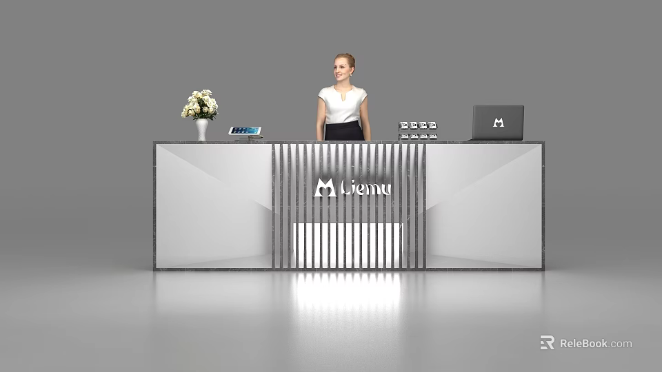 Modern Reception Desk with Vase White Flowers Tablet Laptop and LUXIN Logo 3d model 