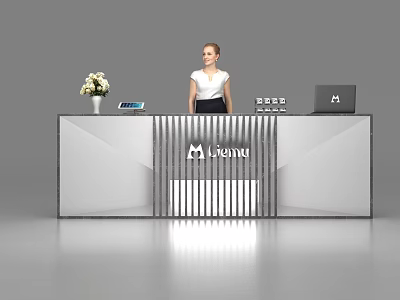 Modern Reception Desk with Vase White Flowers Tablet Laptop and LUXIN Logo 3d model