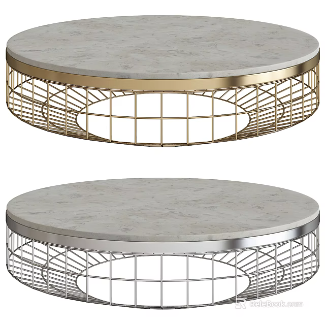 Round Marble Top Coffee Table With Gold And Silver Metal Frames Modern Design 3d model