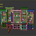 Large Wooden Bookshelf Furniture With Multiple Compartments Filled With Books And Small Wooden Stool