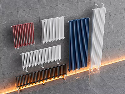 Colorful Modern Radiators Mounted On Gray Wall With Various Colors And Styles 3d model