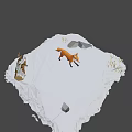 Low Poly Orange Fox Walking On Snowy Ground With Rocks And Grass