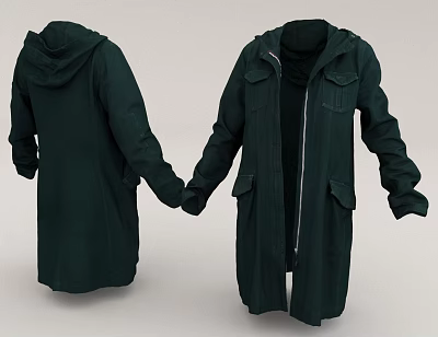 Long Dark Green Hooded Coat With Front Pockets Zipper Closure And Front Back Views 3d model