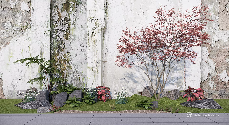 Charming Garden Ornament with Red Maple Ferns Rocks Green Grass by Weathered Wall 3d model 