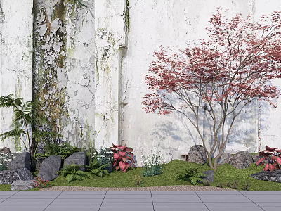 Charming Garden Ornament with Red Maple Ferns Rocks Green Grass by Weathered Wall 3d model