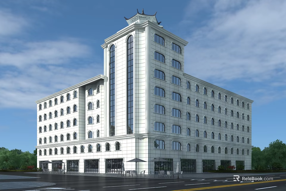 Modern Office Building With White Exterior Chinese Style Roof And Surrounding Greenery 3d model 