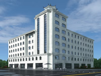Modern Office Building With White Exterior Chinese Style Roof And Surrounding Greenery 3d model