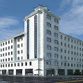 Modern Office Building With White Exterior Chinese Style Roof And Surrounding Greenery