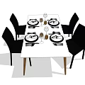 Dining Table Set with White Table Black Chairs and Tableware Plates Wine Glasses for Dining 3d model