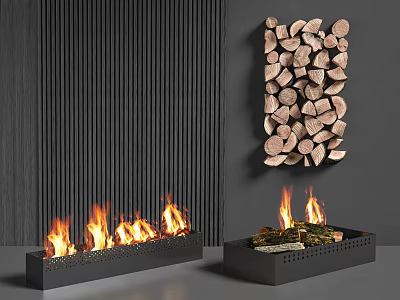Modern Fireplace Interior Design With Black Striped Wall Burning Flames And Wall Mounted Wood Logs 3d model