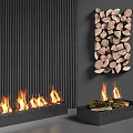 Modern Fireplace Interior Design With Black Striped Wall Burning Flames And Wall Mounted Wood Logs