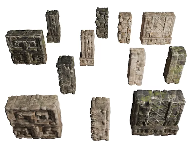 Ancient Stone Architectural Elements With Various Shapes Carvings Gray Beige Textures And Green Moss 3d model