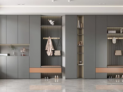 Modern Shoe Cabinet Entryway Design With Hanging Rod Bench And Storage Shelves 3d model
