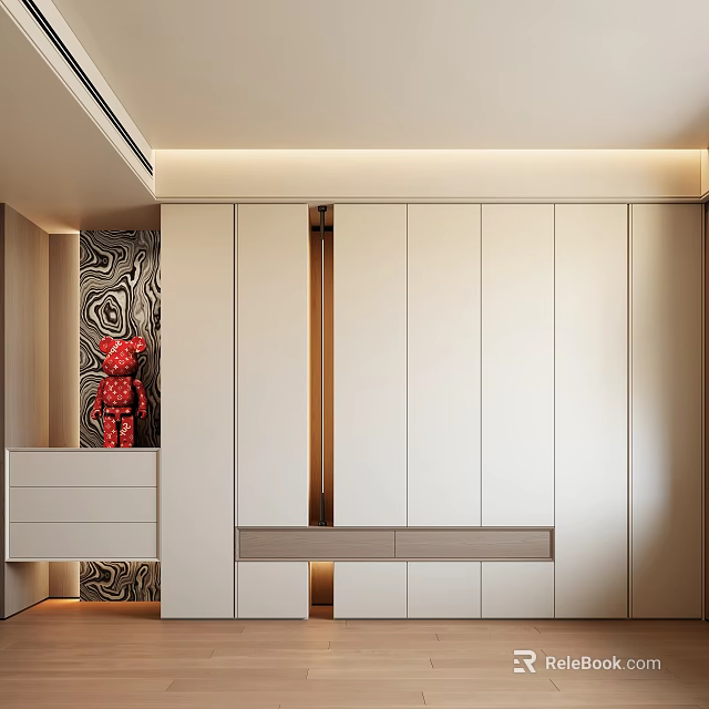 Modern White Wardrobe With Sliding Doors And Decorative Wall Design 3d model 