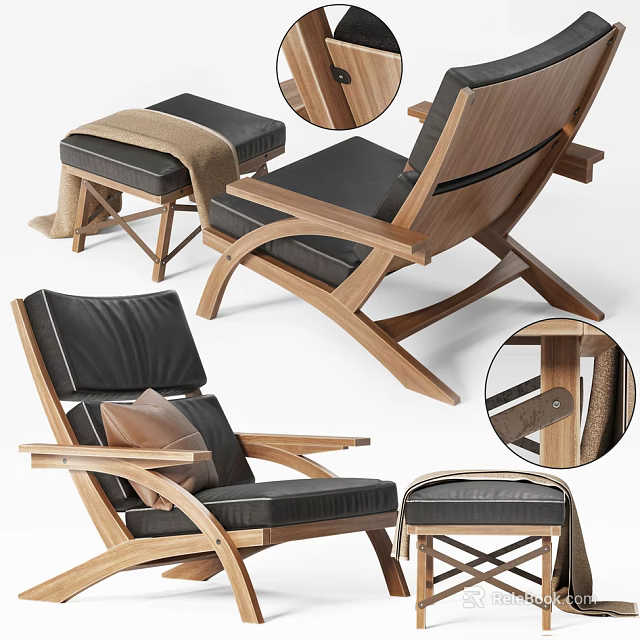 Wooden Lounge Chair With Black Leather Cushion Ottoman And Pillow 3d model 
