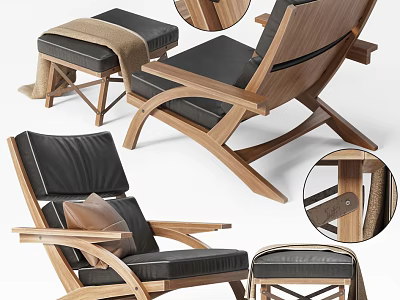 Wooden Lounge Chair With Black Leather Cushion Ottoman And Pillow 3d model