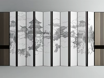 Traditional Chinese Room Divider Screen With Multiple Panels Black White Landscape Art Featuring Pagoda Trees 3d model