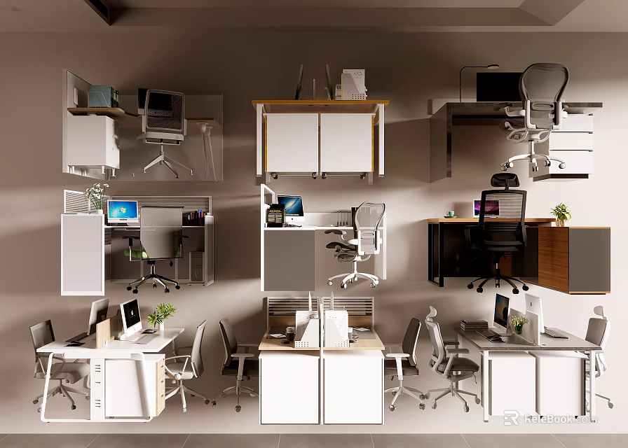 Modern Office Desk and Chair Set With Various Designs And Storage Cabinets 3d model 