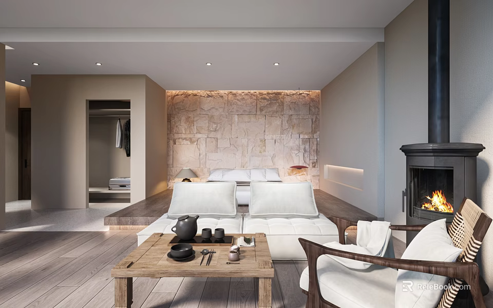 Modern Hotel Room Interior Design With Stone Wall Fireplace Sofa And Coffee Table 3d model 