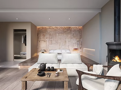 Modern Hotel Room Interior Design With Stone Wall Fireplace Sofa And Coffee Table 3d model