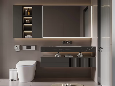Modern Luxury Bathroom Interior Design With Wall Mounted Vanity And Large Mirror 3d model