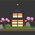 Japanese Style Garden Model With Pagoda Red Bridge Pink Cherry Blossoms Green Grass And Lanterns
