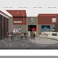 Modern Red Wall Store Interior With Tables Chairs TV Screen And Sofa 3d model