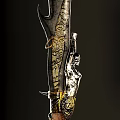 Traditional Decorative Spear With Golden Accents Intricate Patterns On Spearhead And Shaft Against Black Background