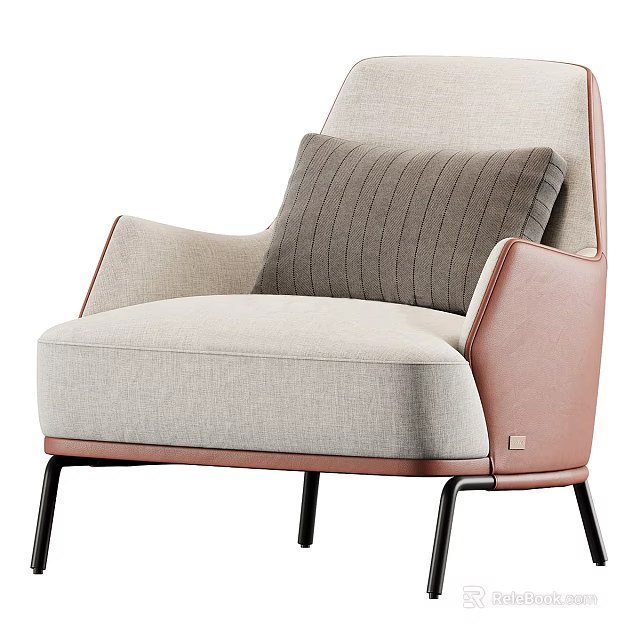 Modern Accent Chair with Light Gray Fabric Brown Trim Striped Cushion and Black Metal Legs 3d model 