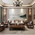 Traditional Chinese Duplex Living Room With Landscape Painting Wall And Wooden Furniture