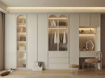 Modern Luxury Closet Design With White Glass Doors Open Shelves Lighting Strip And Dressing Table 3d model