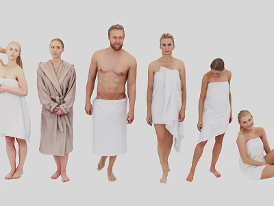 Group of People Posing Wrapped in White and Light Brown Towels in Various Positions 3d model