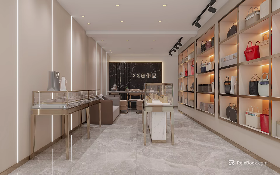 Luxury Boutique Interior With Glass Display Cases Designer Bags And Marble Floor 3d model 