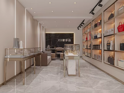 Luxury Boutique Interior With Glass Display Cases Designer Bags And Marble Floor 3d model